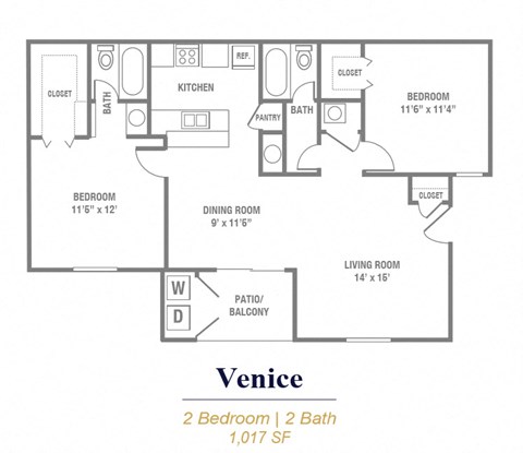 Floor plan for 2 beds, 2 baths, 1017 sqft