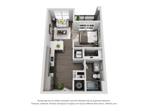 Floor plan for studio, 1 bath, 565 sqft