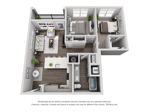 Floor plan for 2 beds, 1 bath, 945 sqft