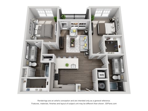 Floor plan for 2 beds, 2 baths, 1099 sqft