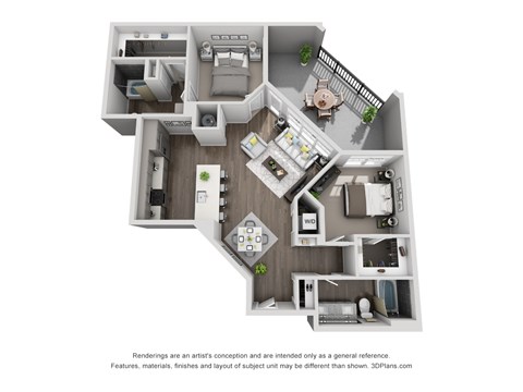 Floor plan for 2 beds, 2 baths, 1193 sqft