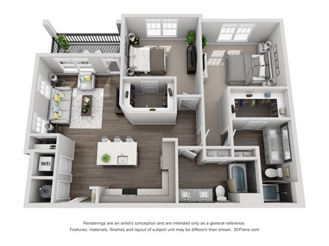 Floor plan for 2 beds, 2 baths, 1229 sqft