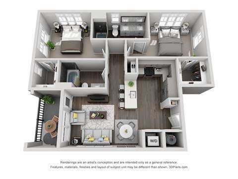 Floor plan for 2 beds, 2 baths, 1043 sqft
