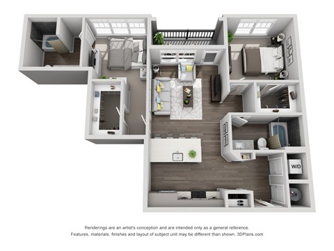 Floor plan for 2 beds, 2 baths, 1073 sqft