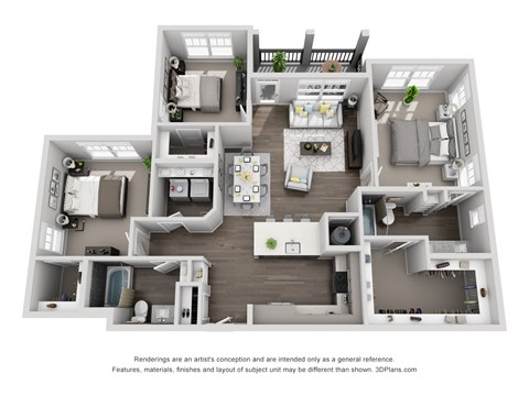 Floor plan for 3 beds, 2 baths, 1491 sqft