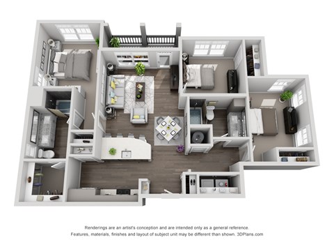 Floor plan for 3 beds, 2 baths, 1340 sqft