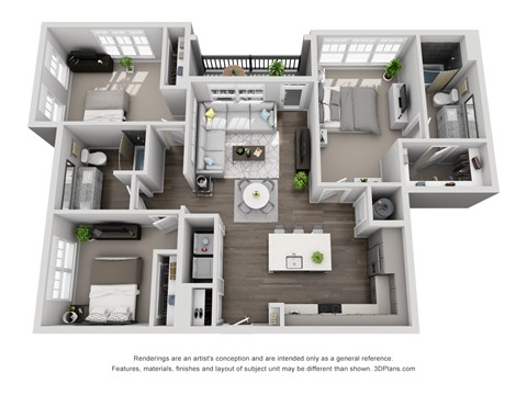 Floor plan for 3 beds, 2 baths, 1316 sqft