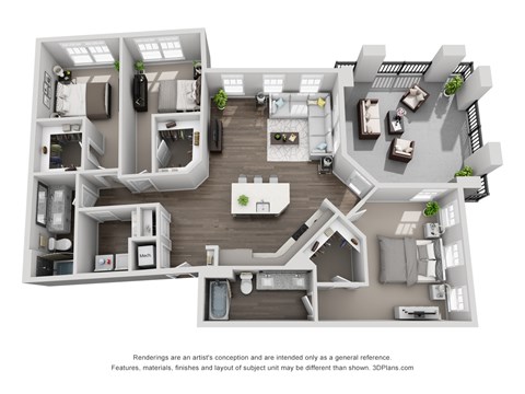 Floor plan for 3 beds, 2 baths, 1542 sqft