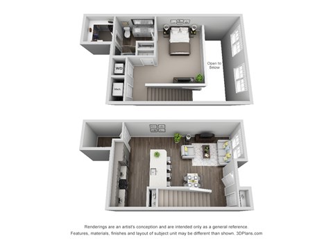 Floor plan for 1 bed, 1.5 baths, 1090 sqft