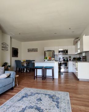 Edinburg apartment for rent - an open kitchen and living room with a blue rug