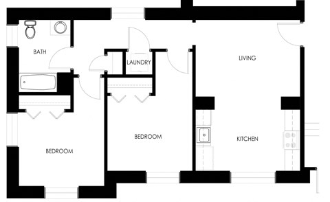 Floor plan for 2 beds, 1 bath, 777 sqft