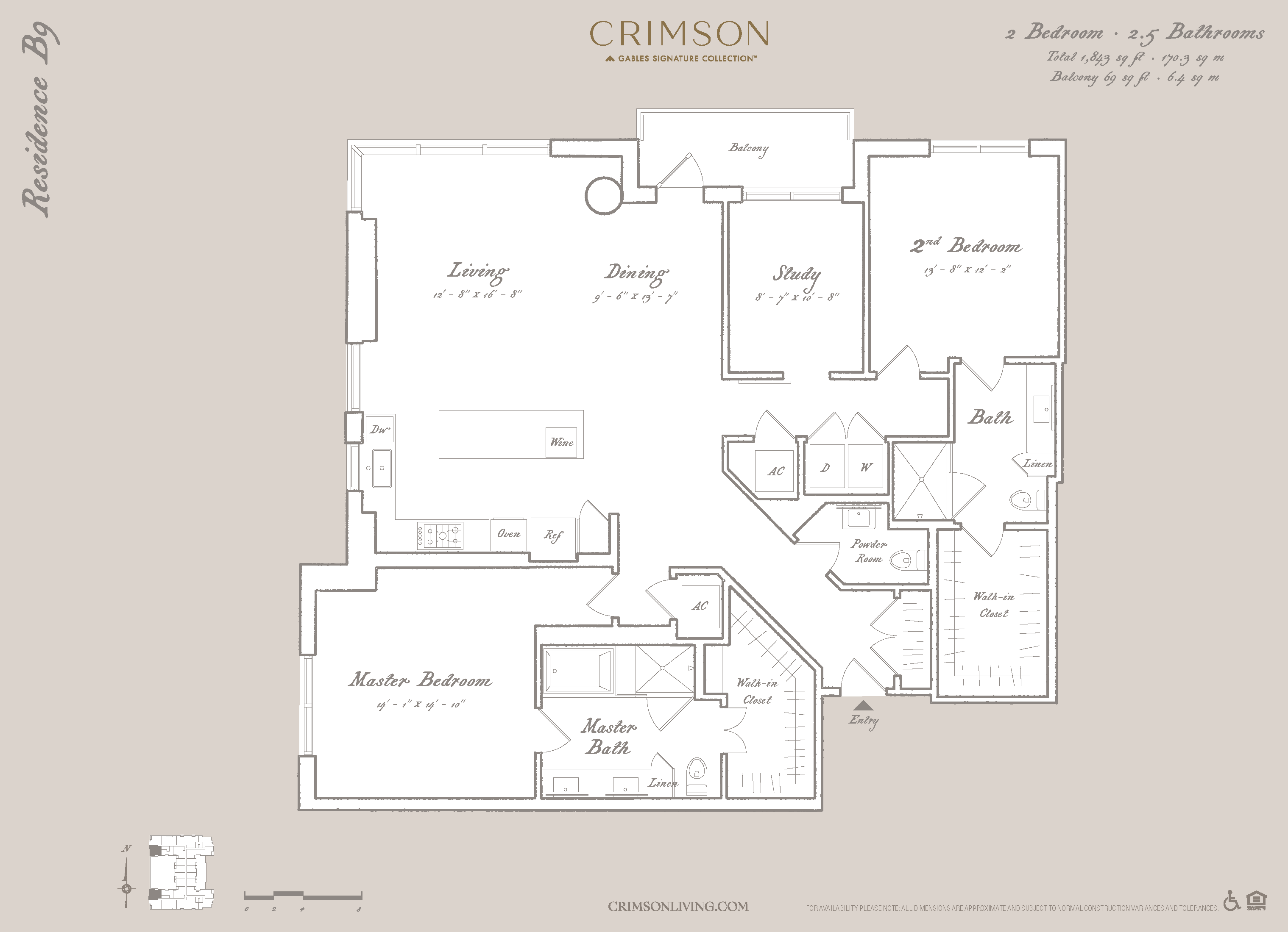 Floor plan for 2 beds, 2.5 baths, 1843 sqft