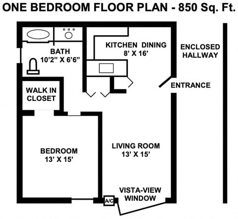 Floor plan for 1 bed, 1 bath, 850 sqft