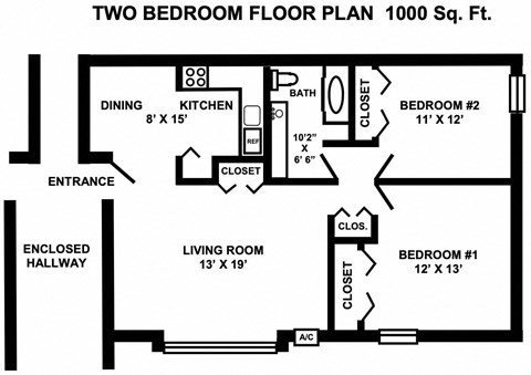 Floor plan for 2 beds, 1 bath, 1000 sqft