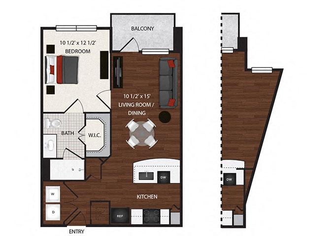 Floor plan for 1 bed, 1 bath, 597 sqft