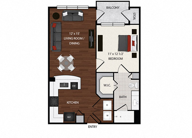 Floor plan for 1 bed, 1 bath, 661 sqft