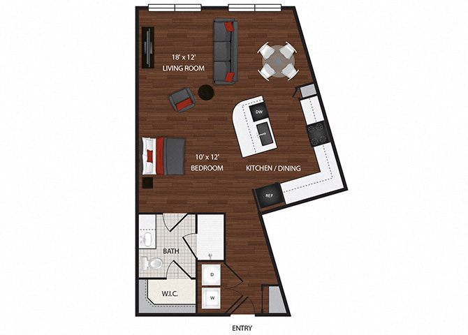 Floor plan for 1 bed, 1 bath, 696 sqft