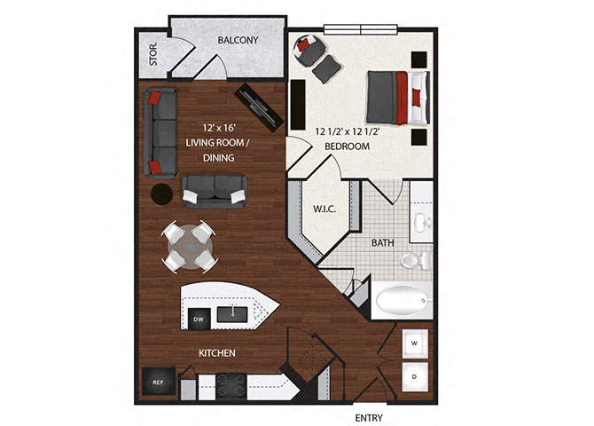 Floor plan for 1 bed, 1 bath, 757 sqft