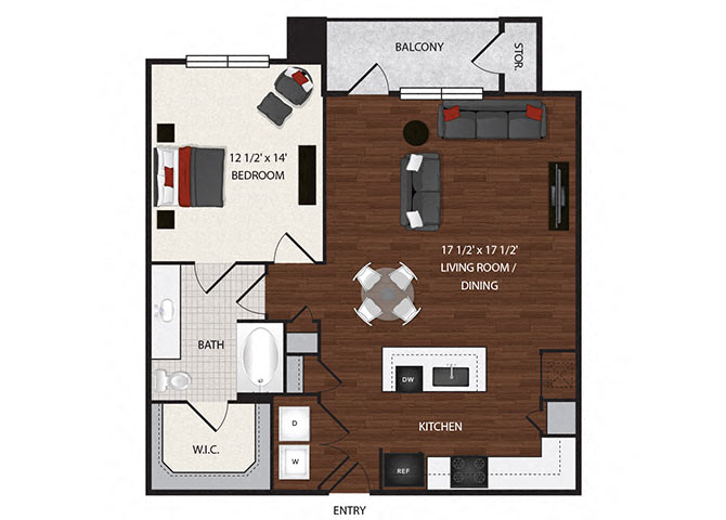 Floor plan for 1 bed, 1 bath, 875 sqft