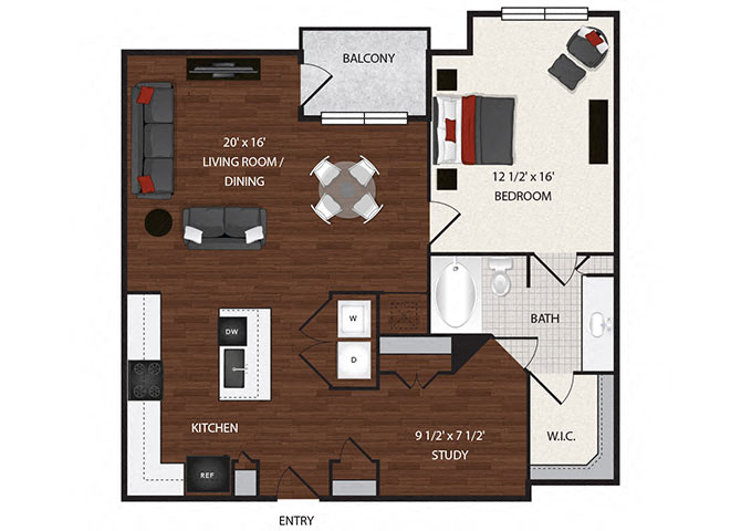 Floor plan for 1 bed, 1 bath, 981 sqft