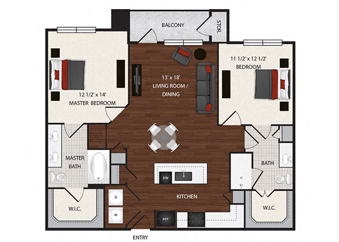 Floor plan for 2 beds, 2 baths, 1160 sqft