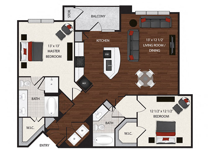 Floor plan for 2 beds, 2 baths, 1187 sqft