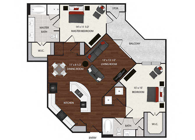 Floor plan for 2 beds, 2 baths, 1262 sqft