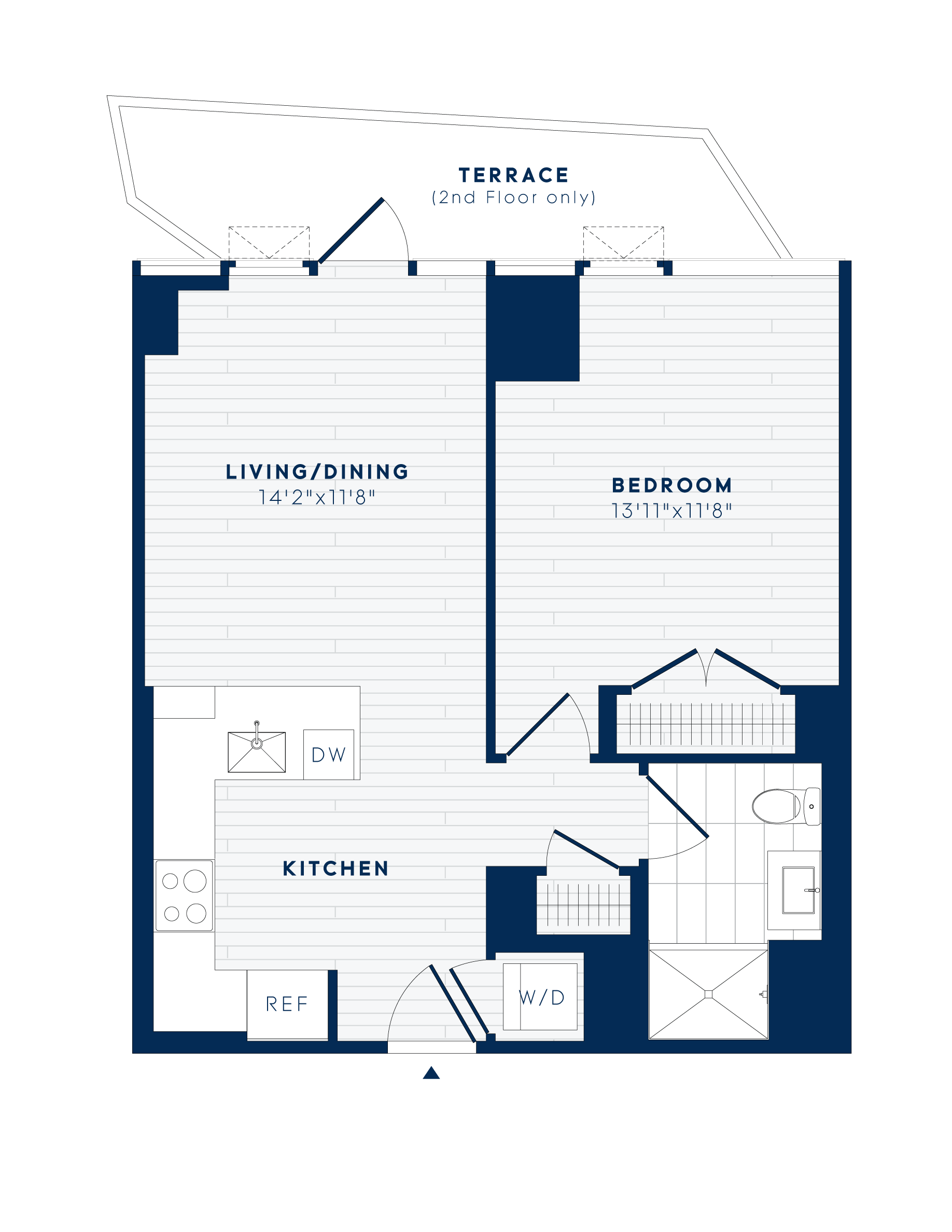 Floor plan for 1 bed, 1 bath, 648 sqft