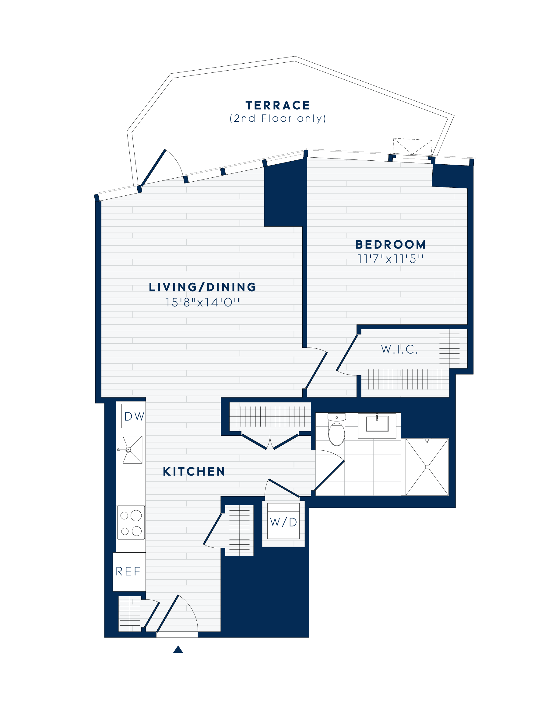 Floor plan for 1 bed, 1 bath, 713 sqft