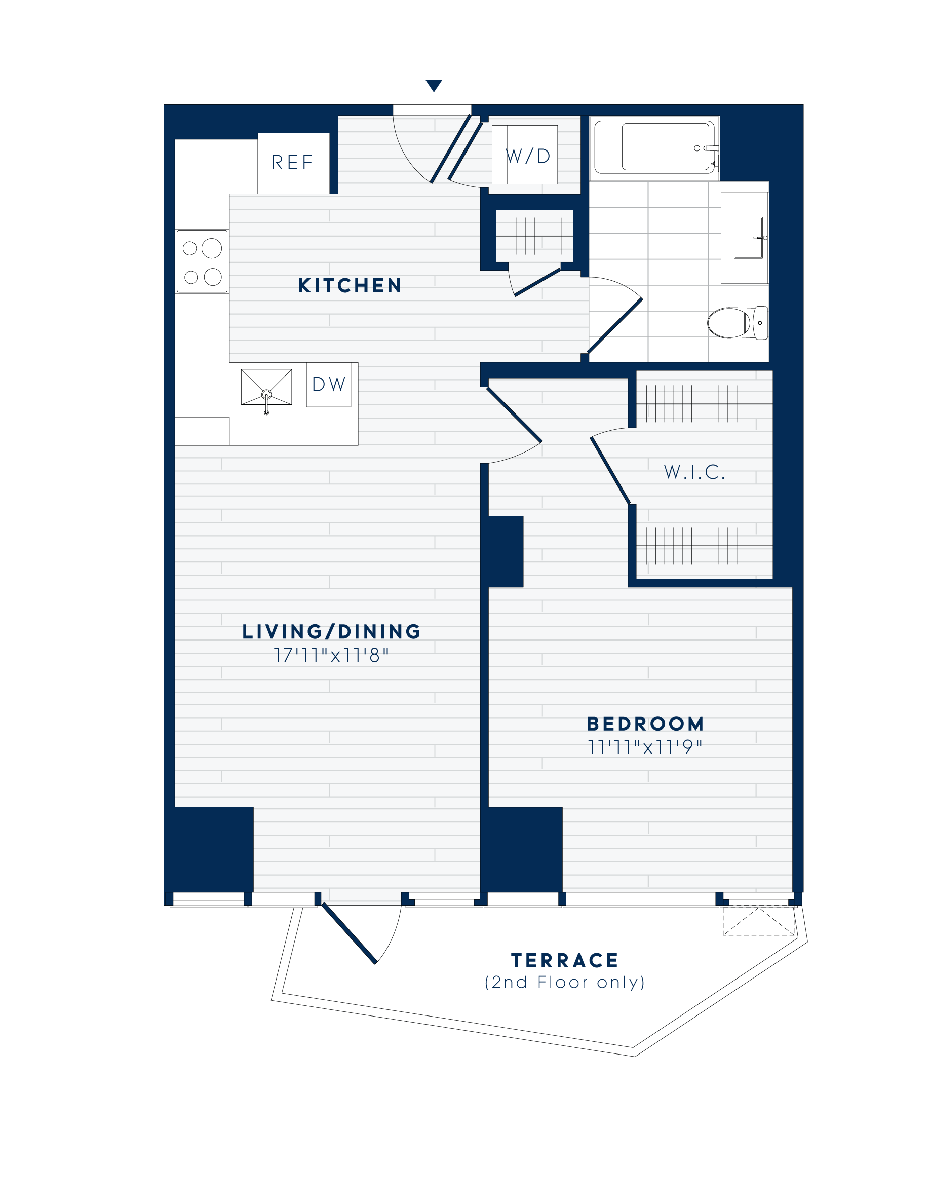 Floor plan for 1 bed, 1 bath, 730 sqft