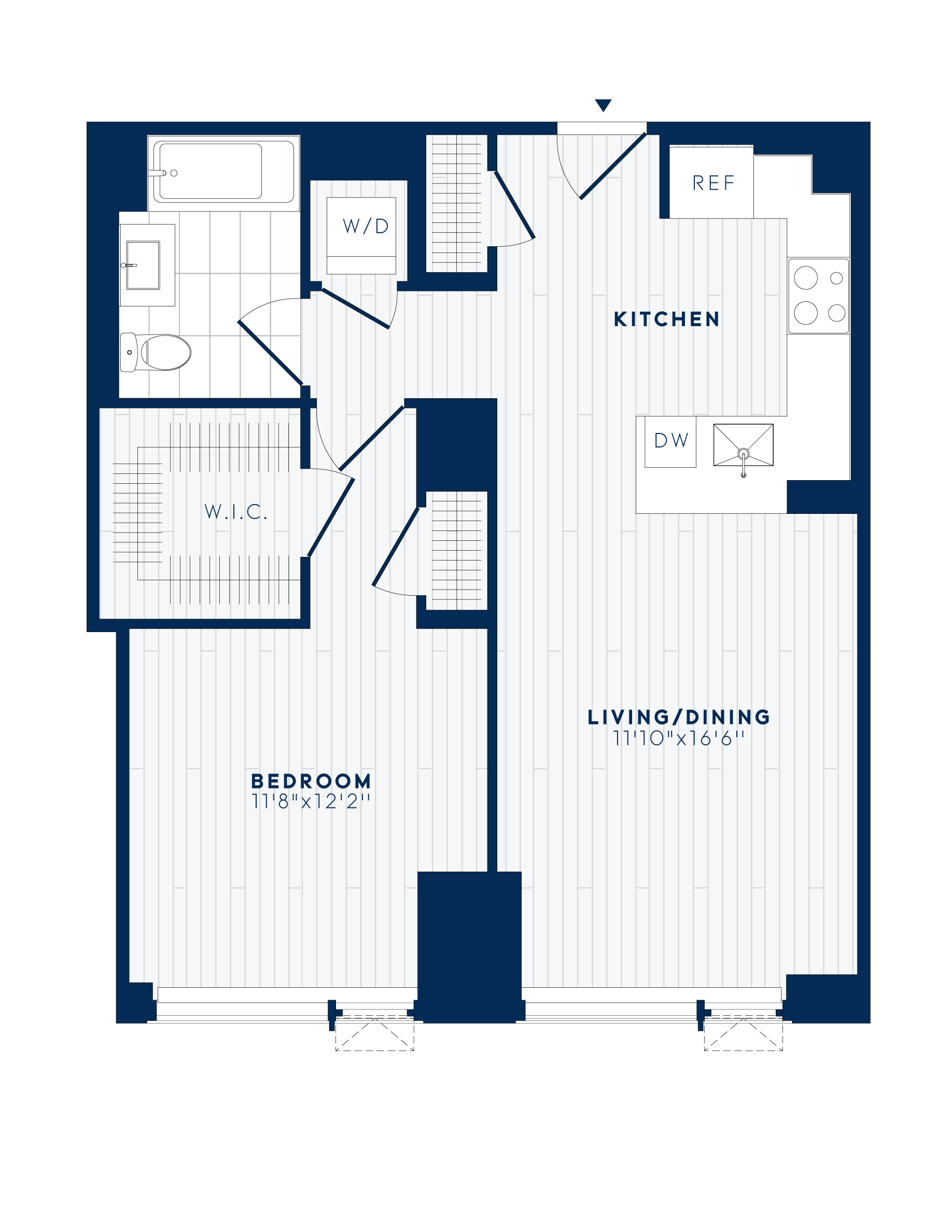 Floor plan for 1 bed, 1 bath, 742 sqft