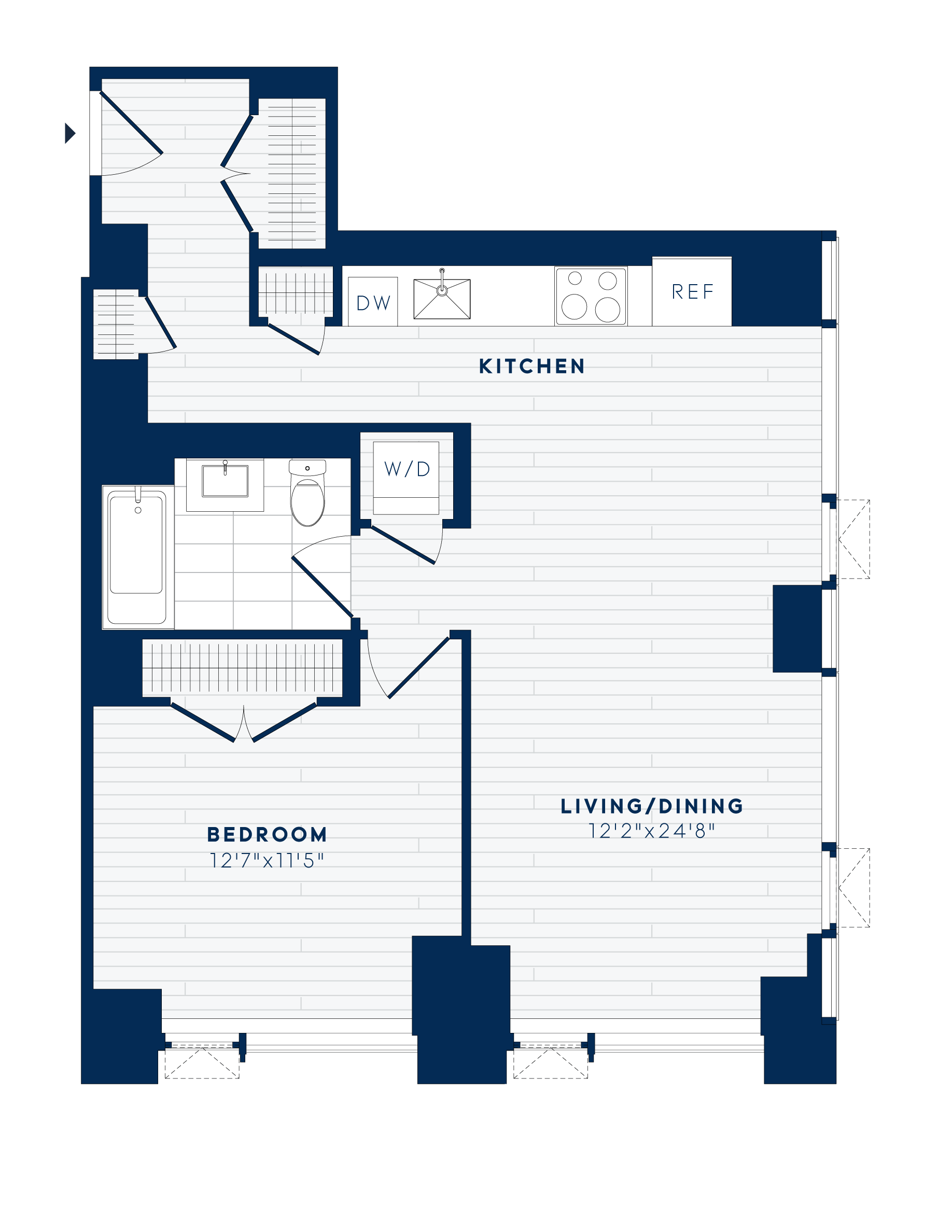 Floor plan for 1 bed, 1 bath, 791 sqft