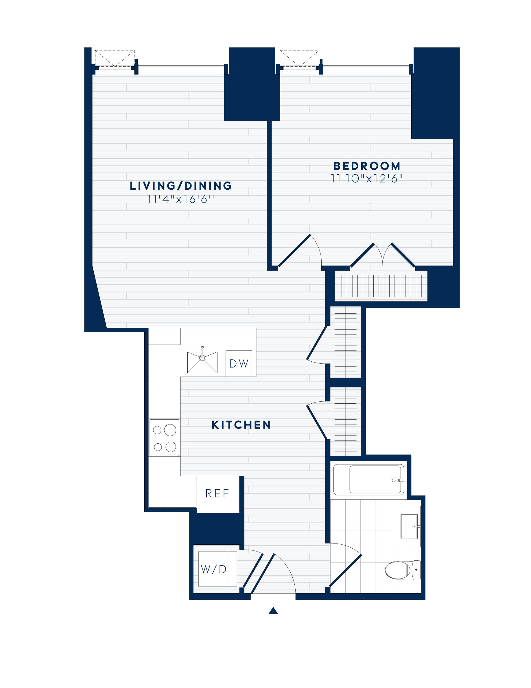 Floor plan for 1 bed, 1 bath, 796 sqft