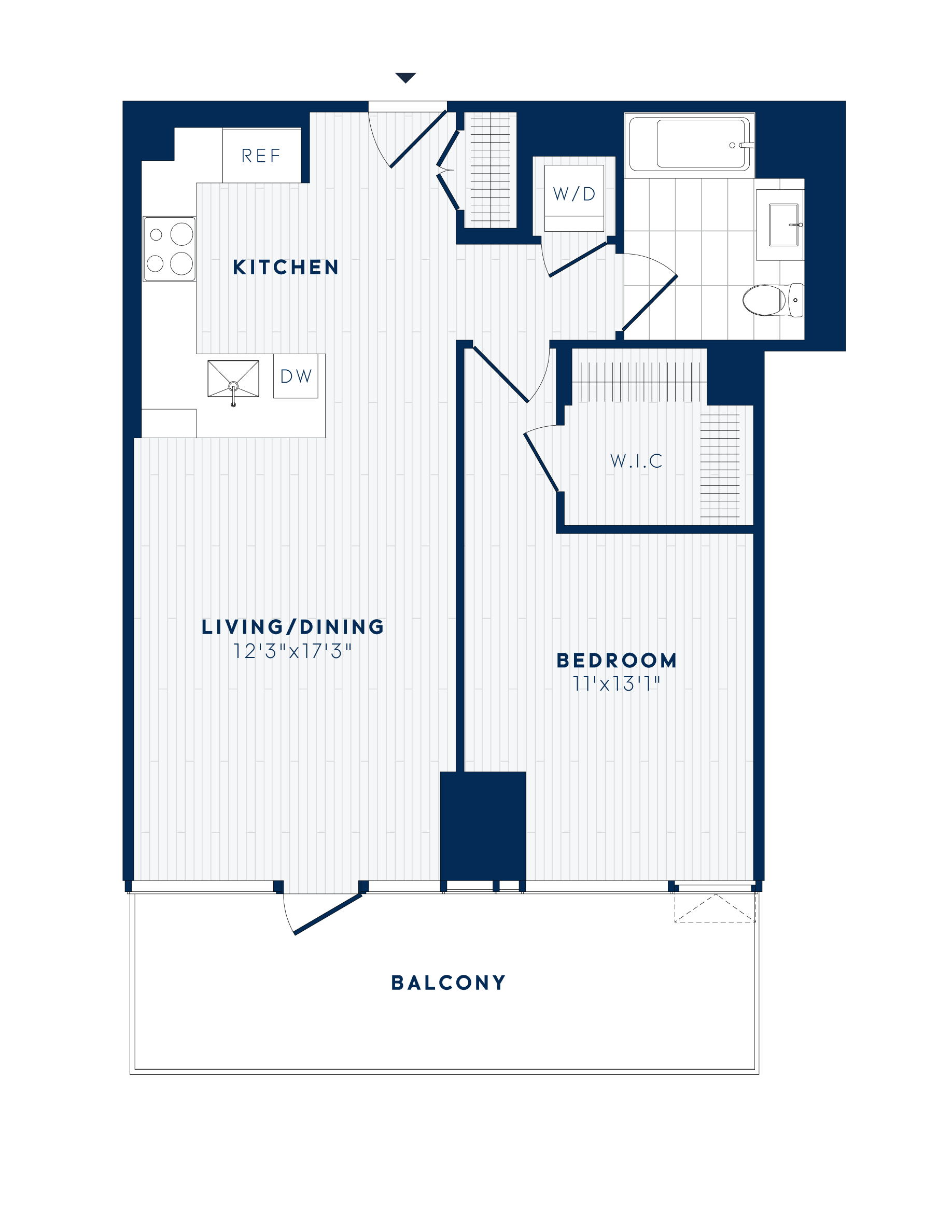 Floor plan for 1 bed, 1 bath, 741 sqft