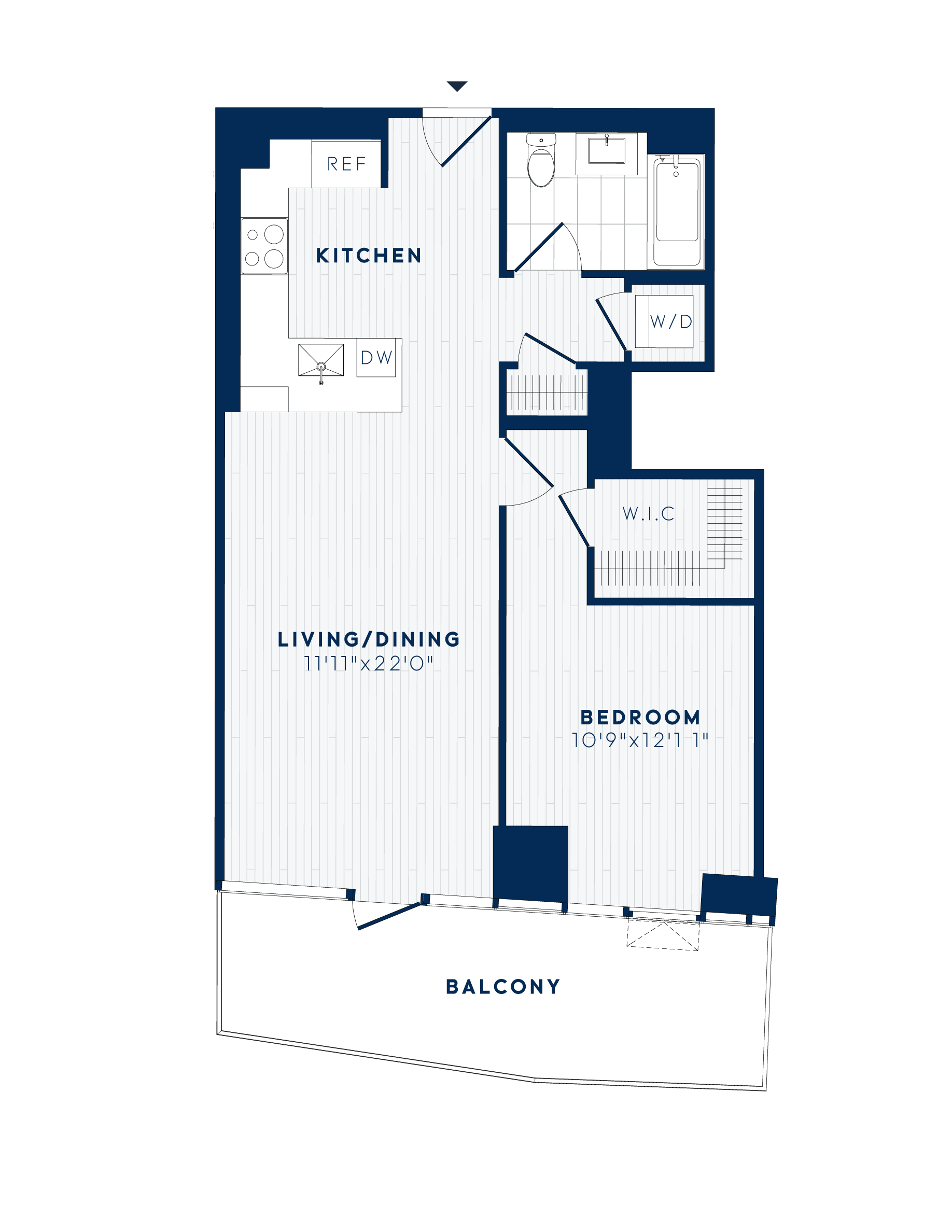 Floor plan for 1 bed, 1 bath, 760 sqft