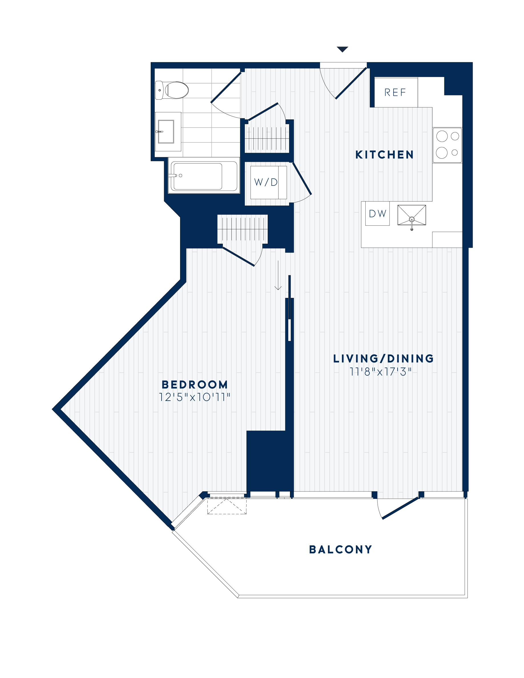 Floor plan for 1 bed, 1 bath, 707 sqft