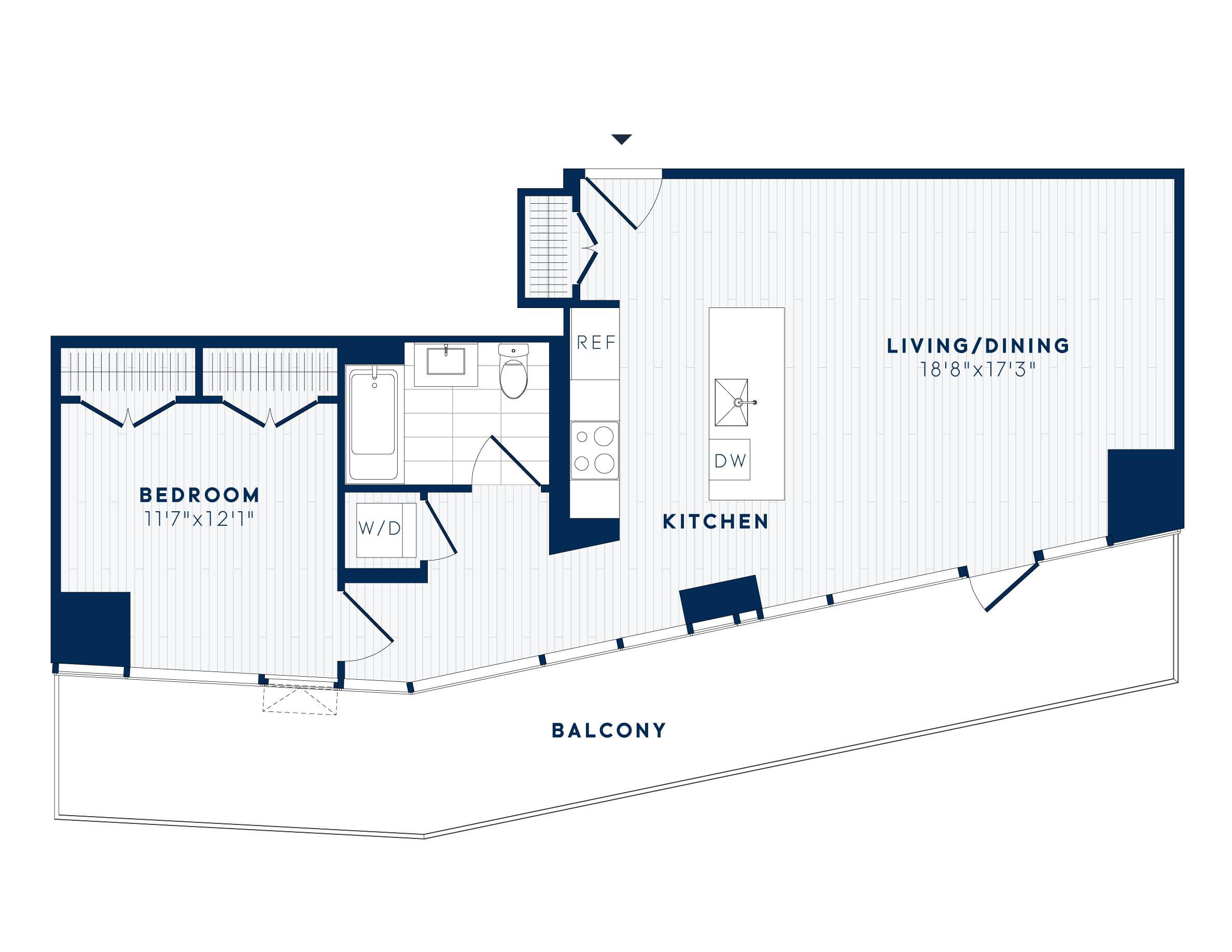 Floor plan for 1 bed, 1 bath, 795 sqft