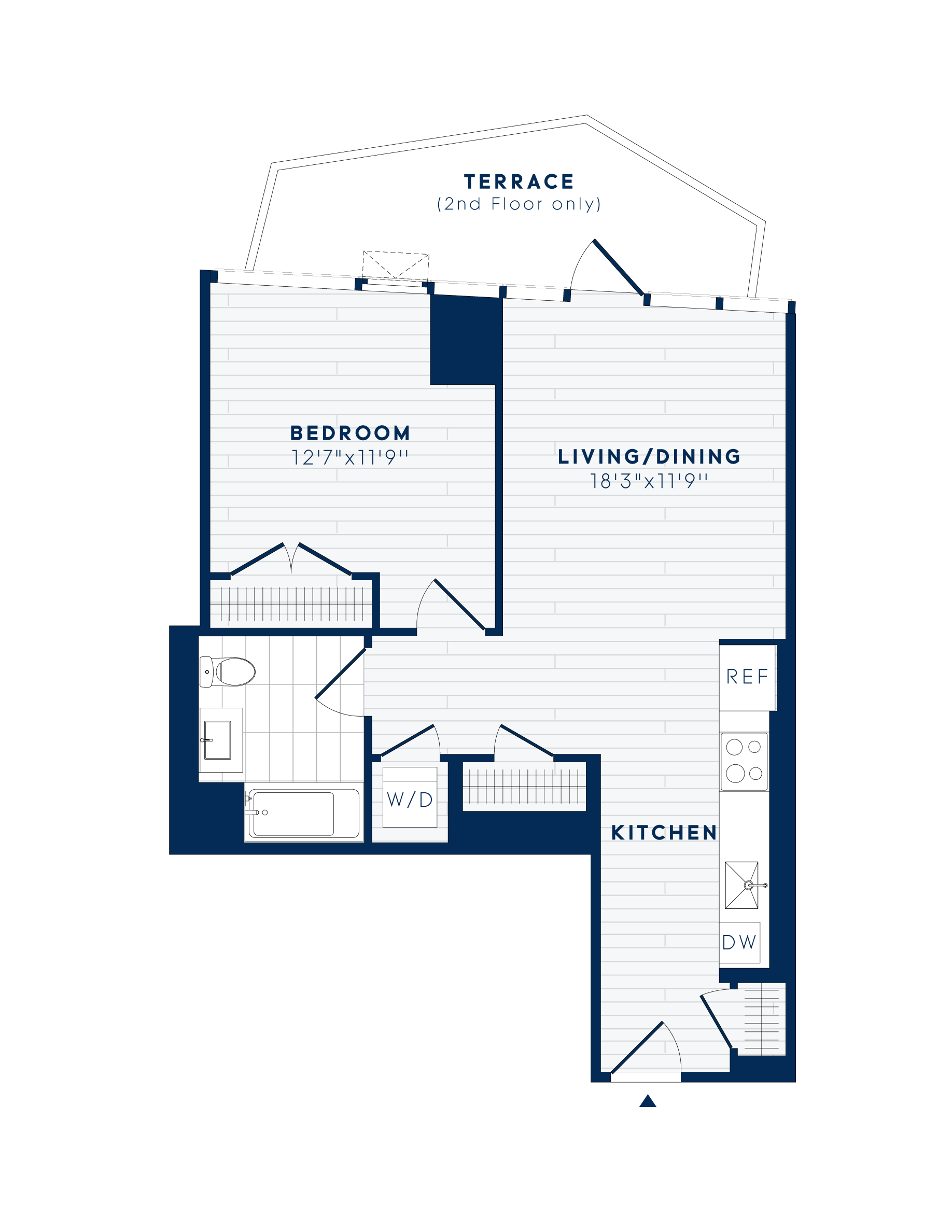 Floor plan for 1 bed, 1 bath, 667 sqft