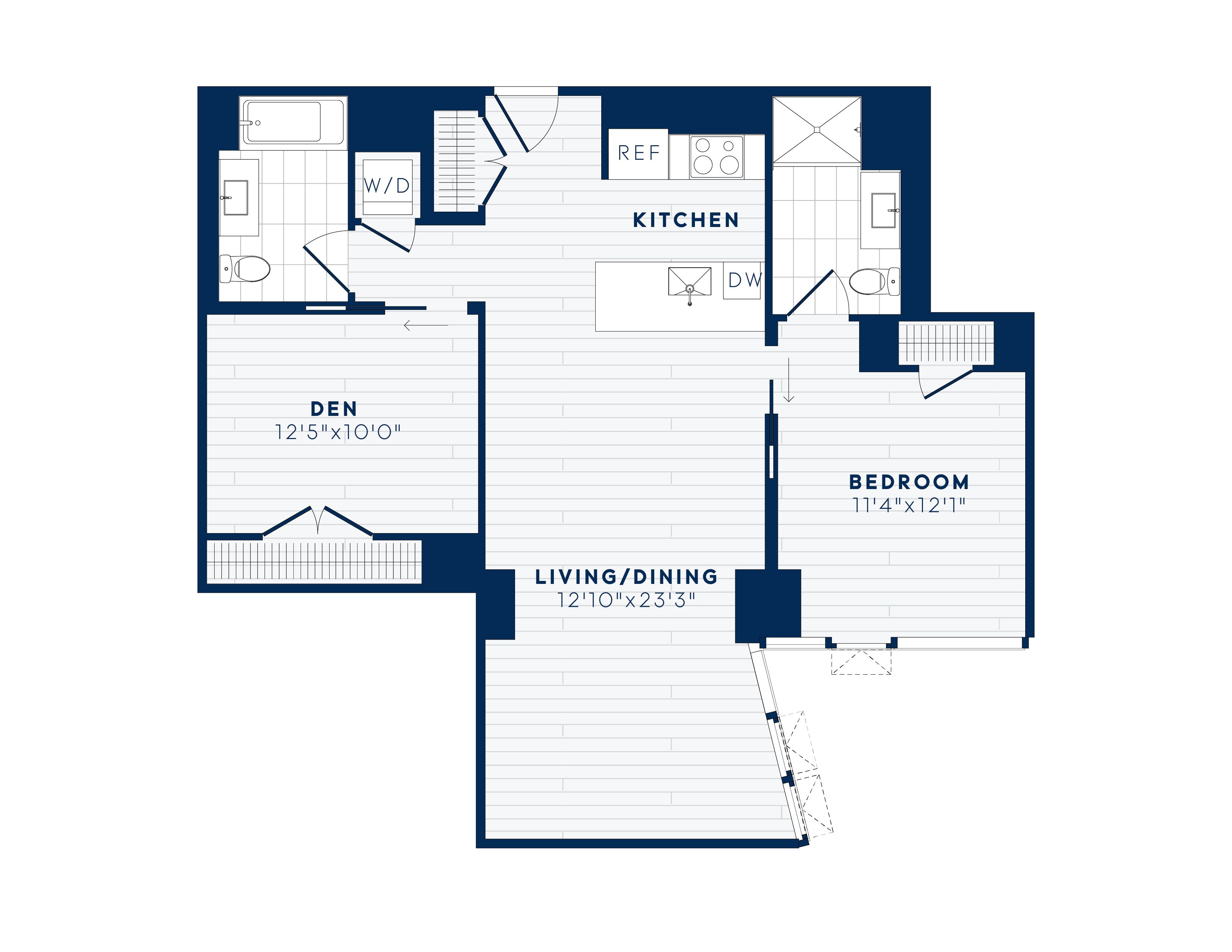 Floor plan for 1 bed, 2 baths, 1019 sqft