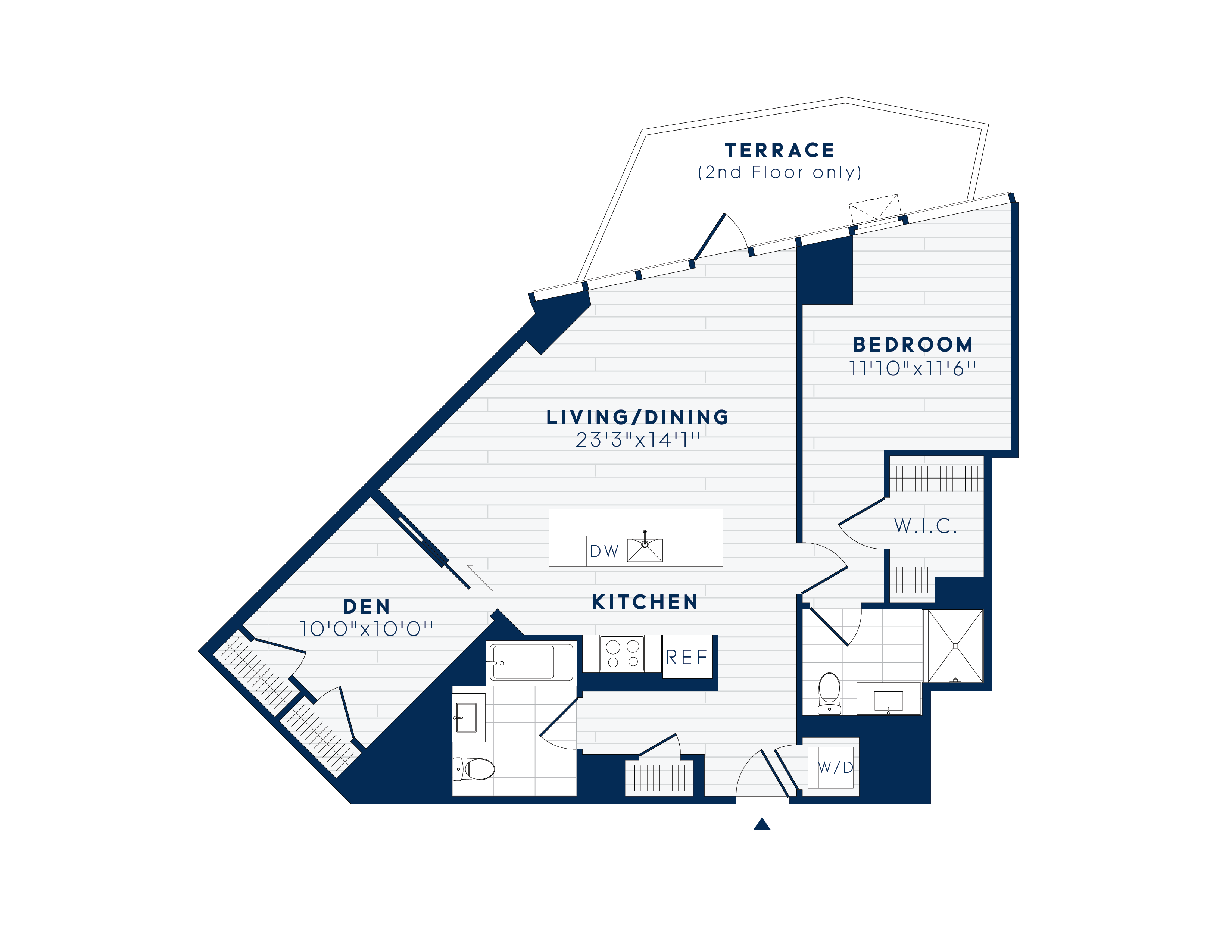 Floor plan for 1 bed, 2 baths, 1047 sqft