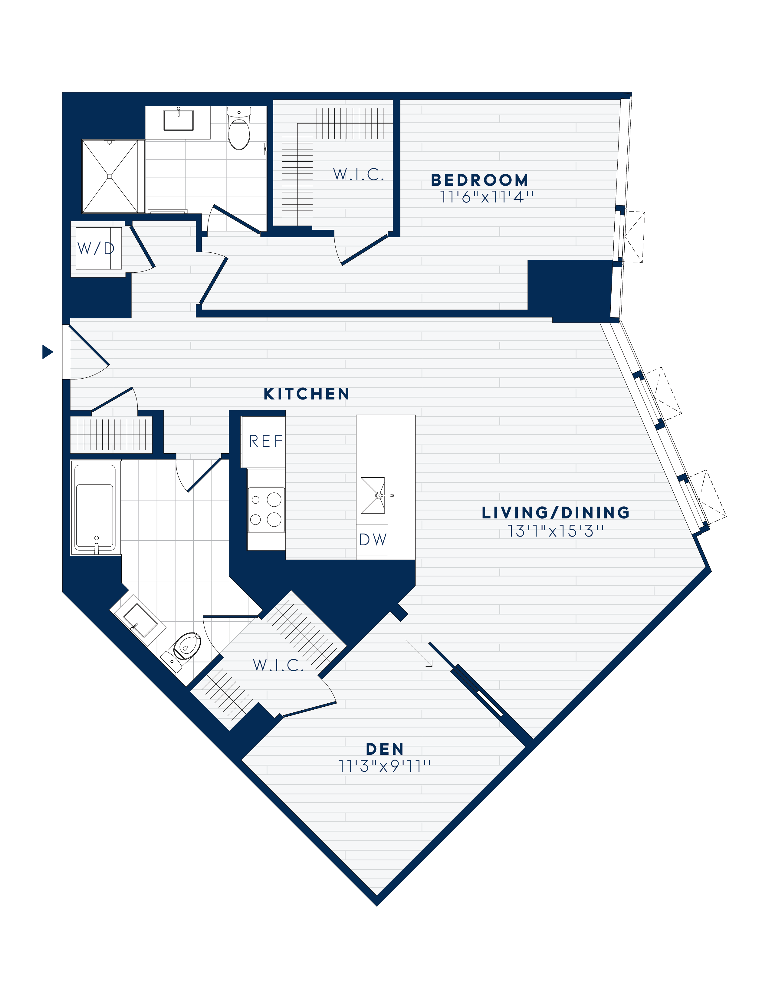 Floor plan for 1 bed, 2 baths, 1119 sqft