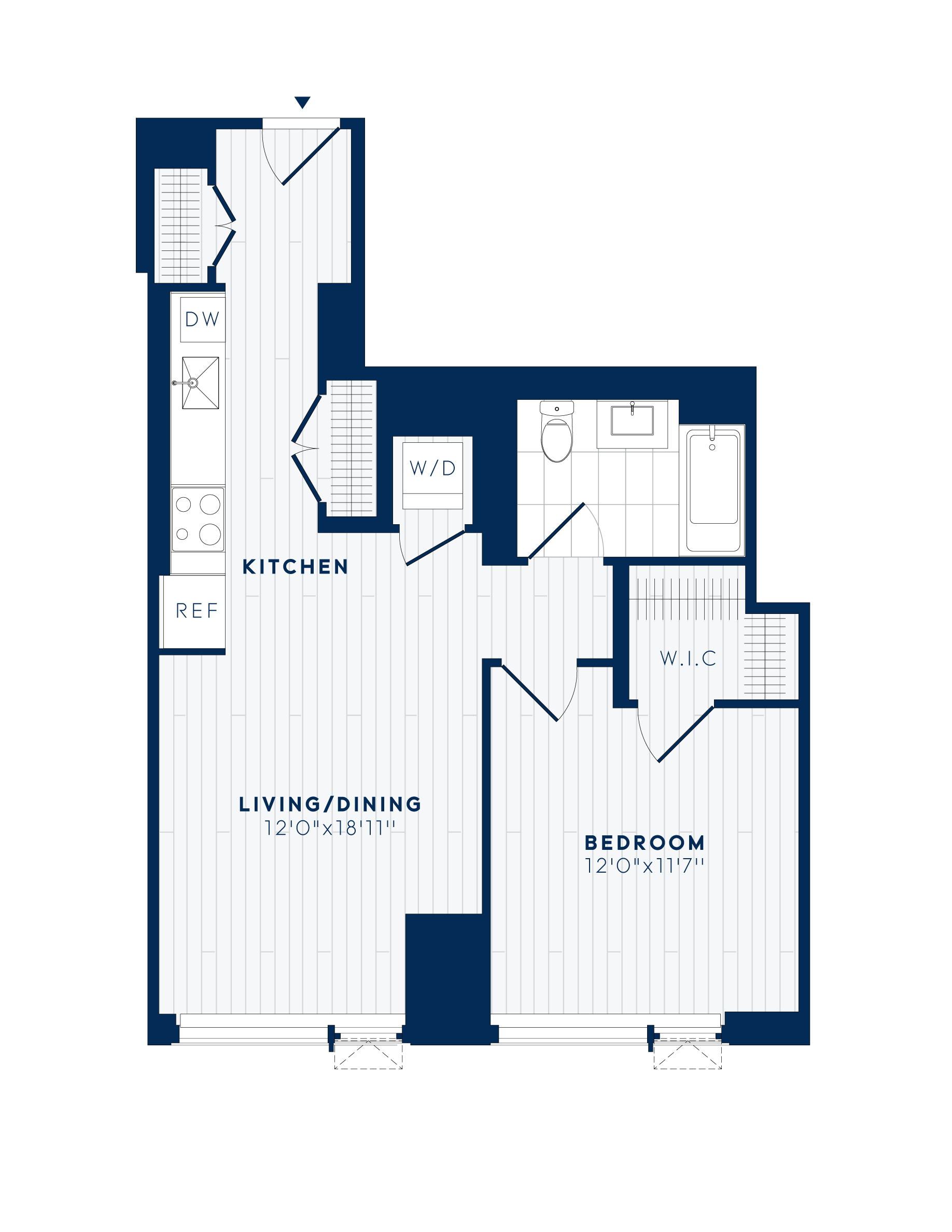 Floor plan for 1 bed, 1 bath, 696 sqft