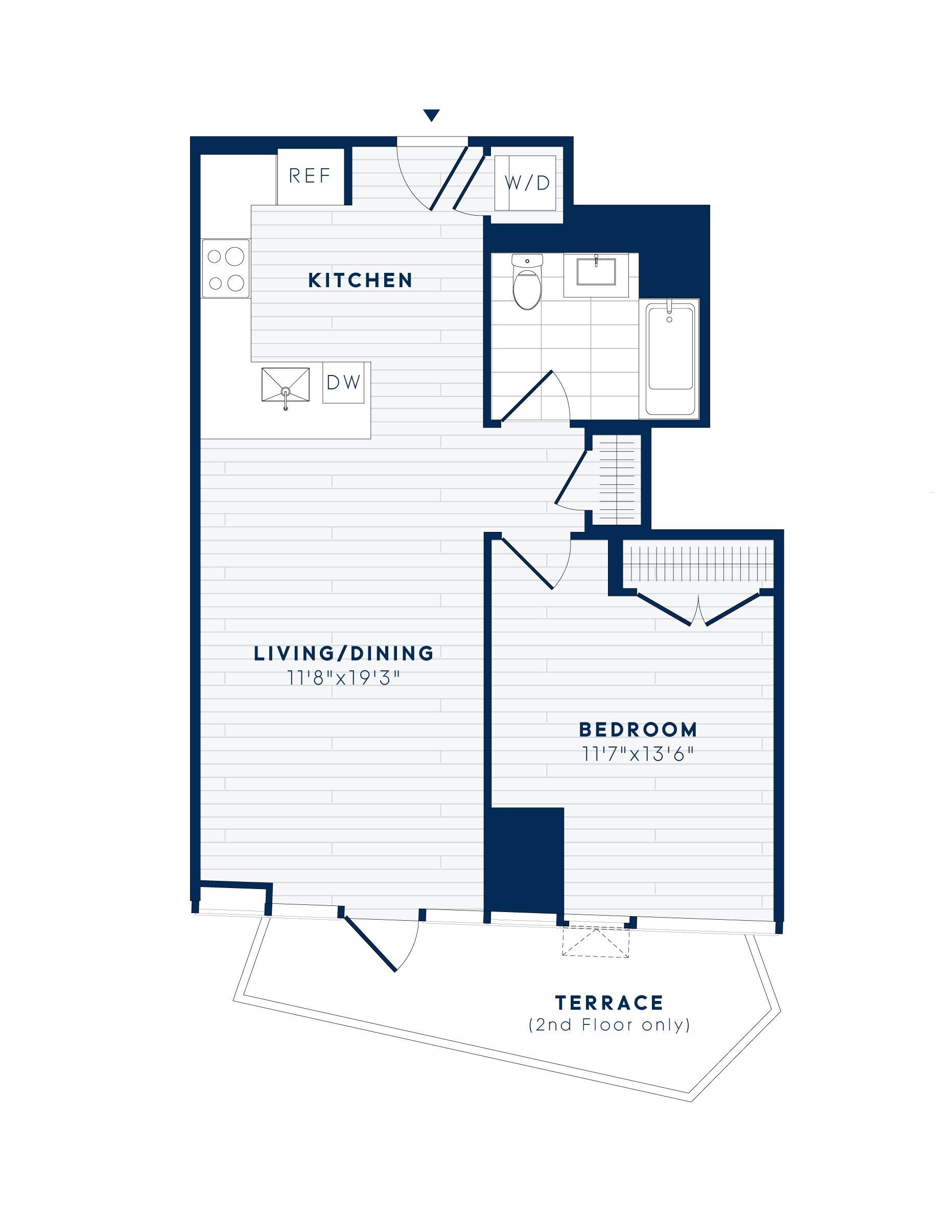 Floor plan for 1 bed, 1 bath, 702 sqft