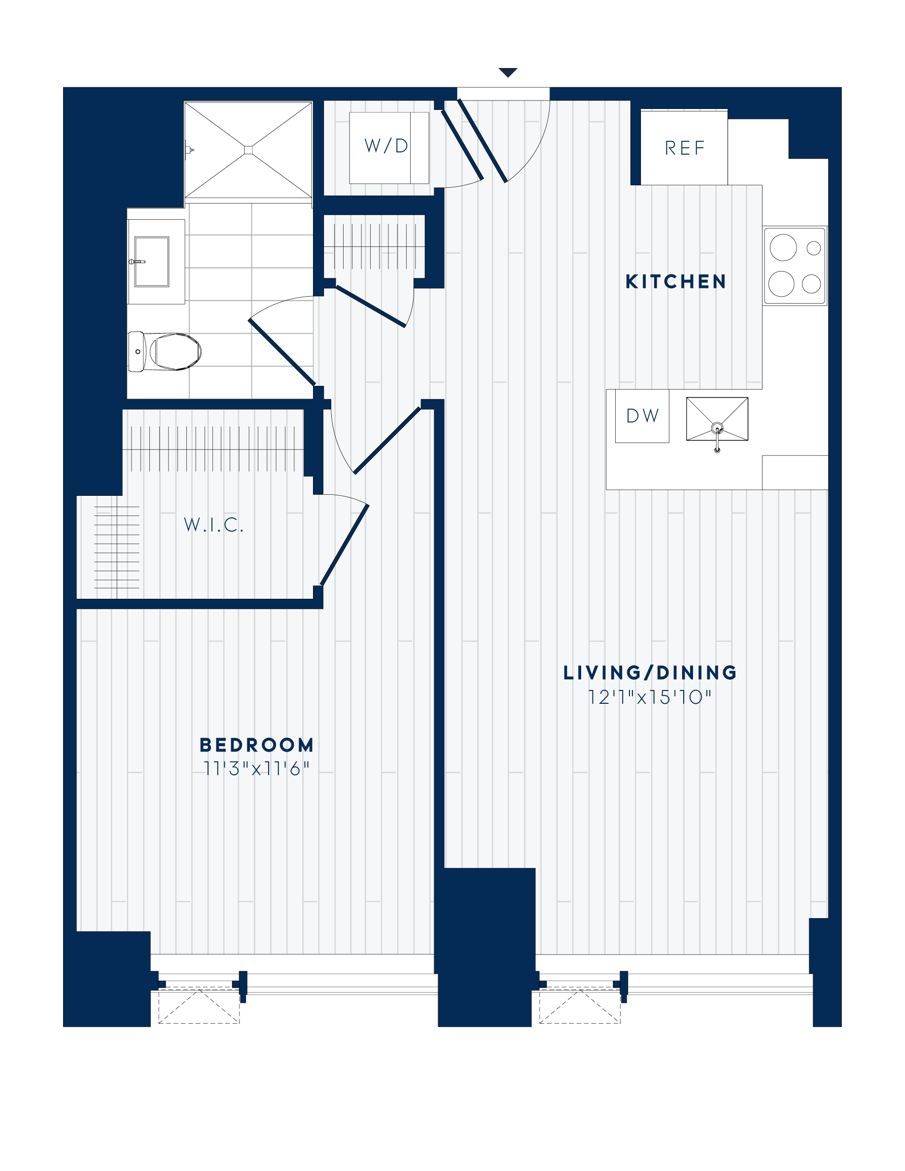 Floor plan for 1 bed, 1 bath, 708 sqft