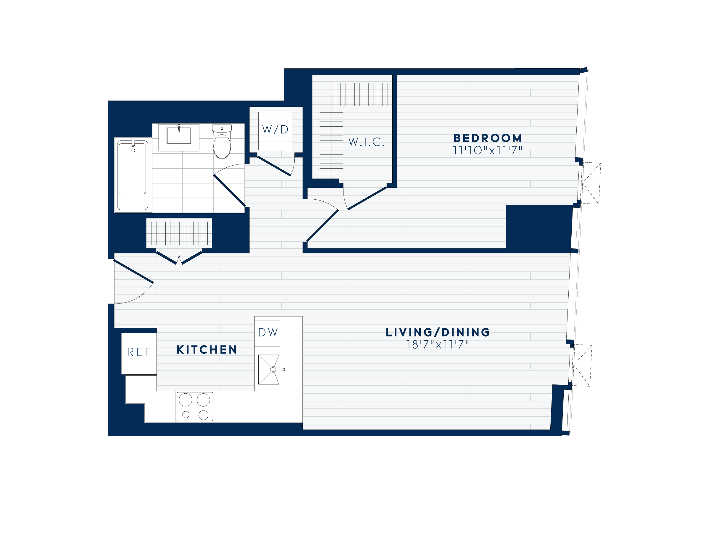 Floor plan for 1 bed, 1 bath, 712 sqft