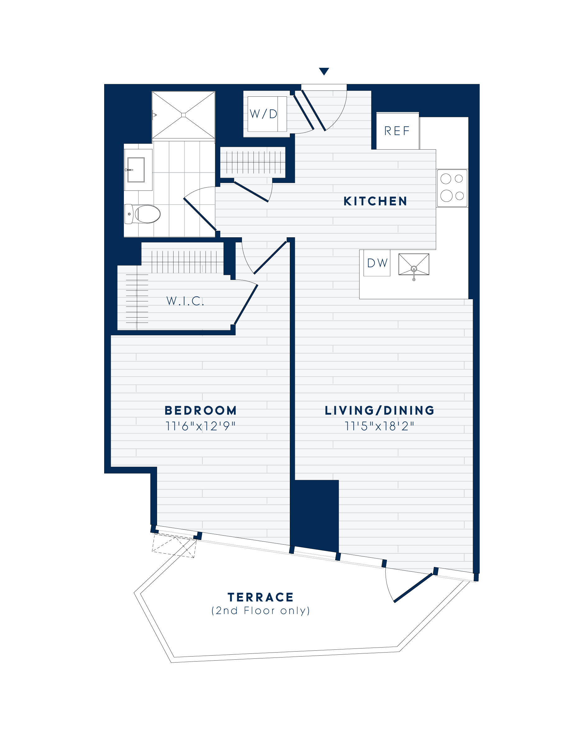 Floor plan for 1 bed, 1 bath, 711 sqft