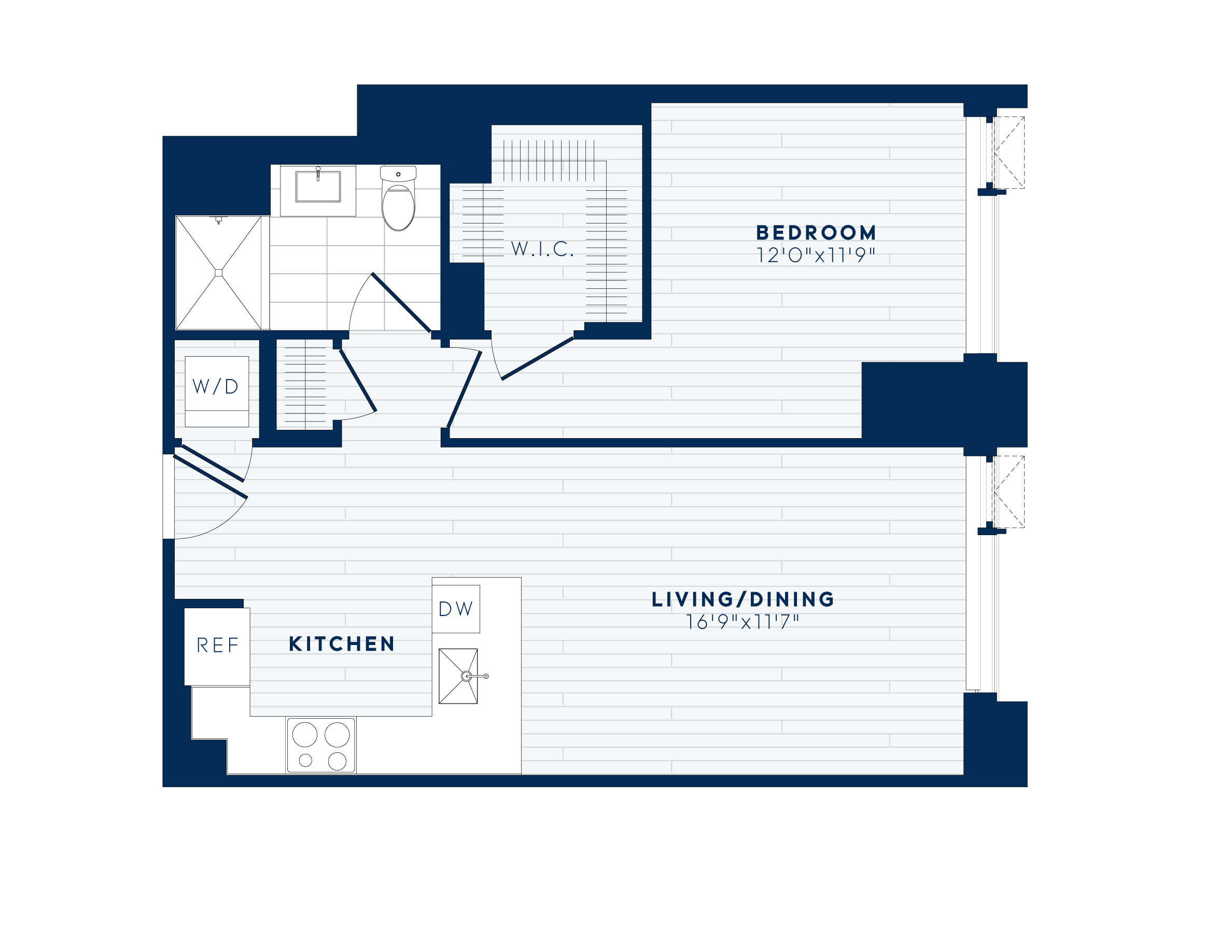 Floor plan for 1 bed, 1 bath, 717 sqft