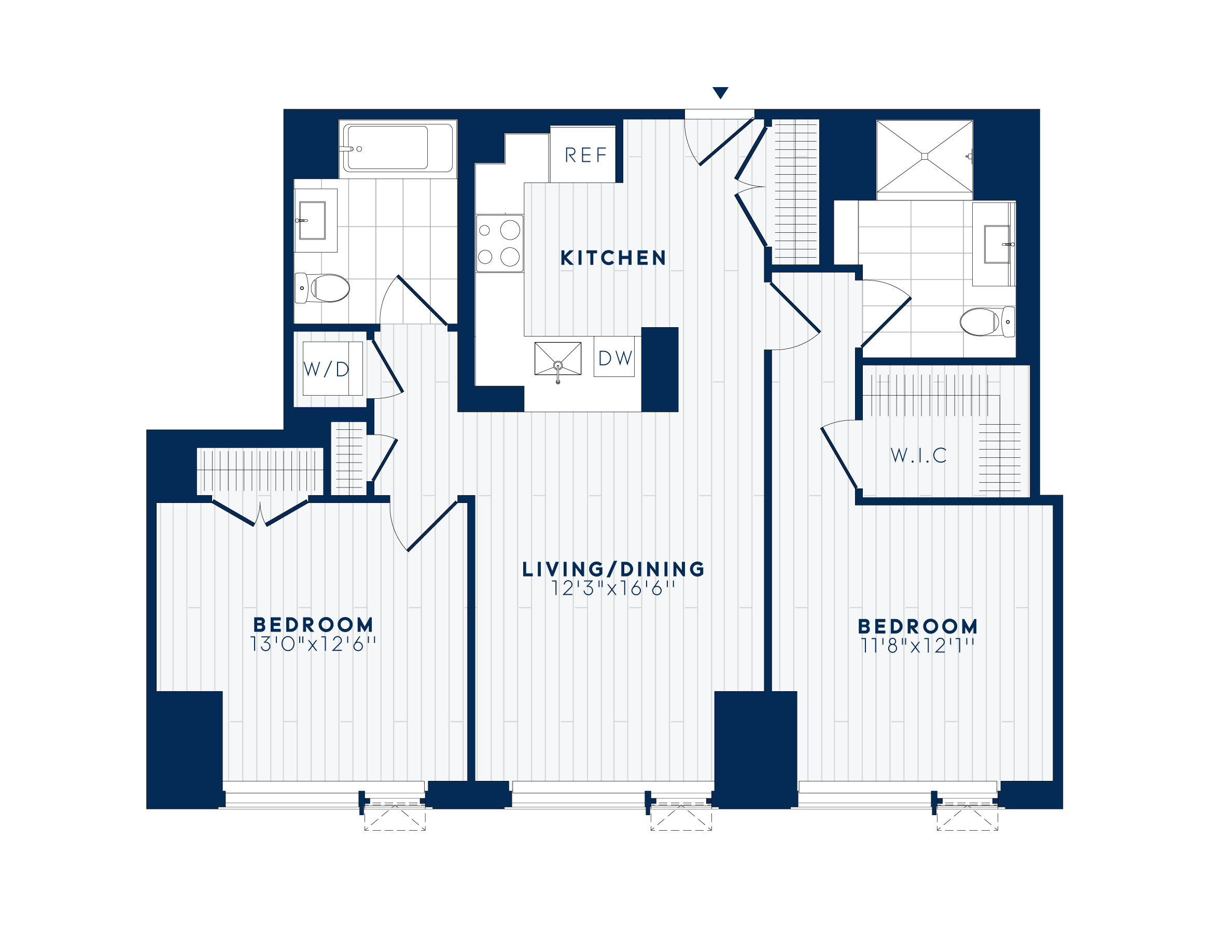 Floor plan for 2 beds, 2 baths, 1052 sqft
