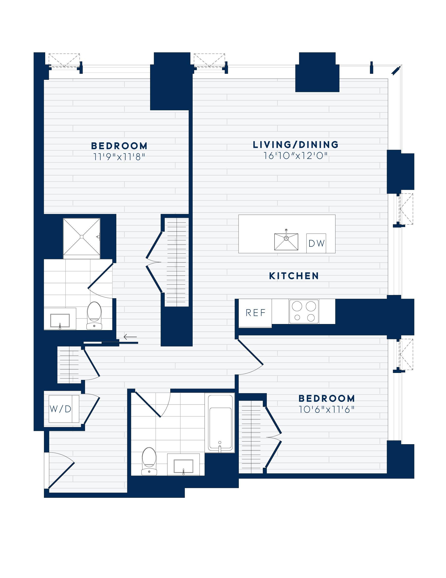 Floor plan for 2 beds, 2 baths, 1075 sqft