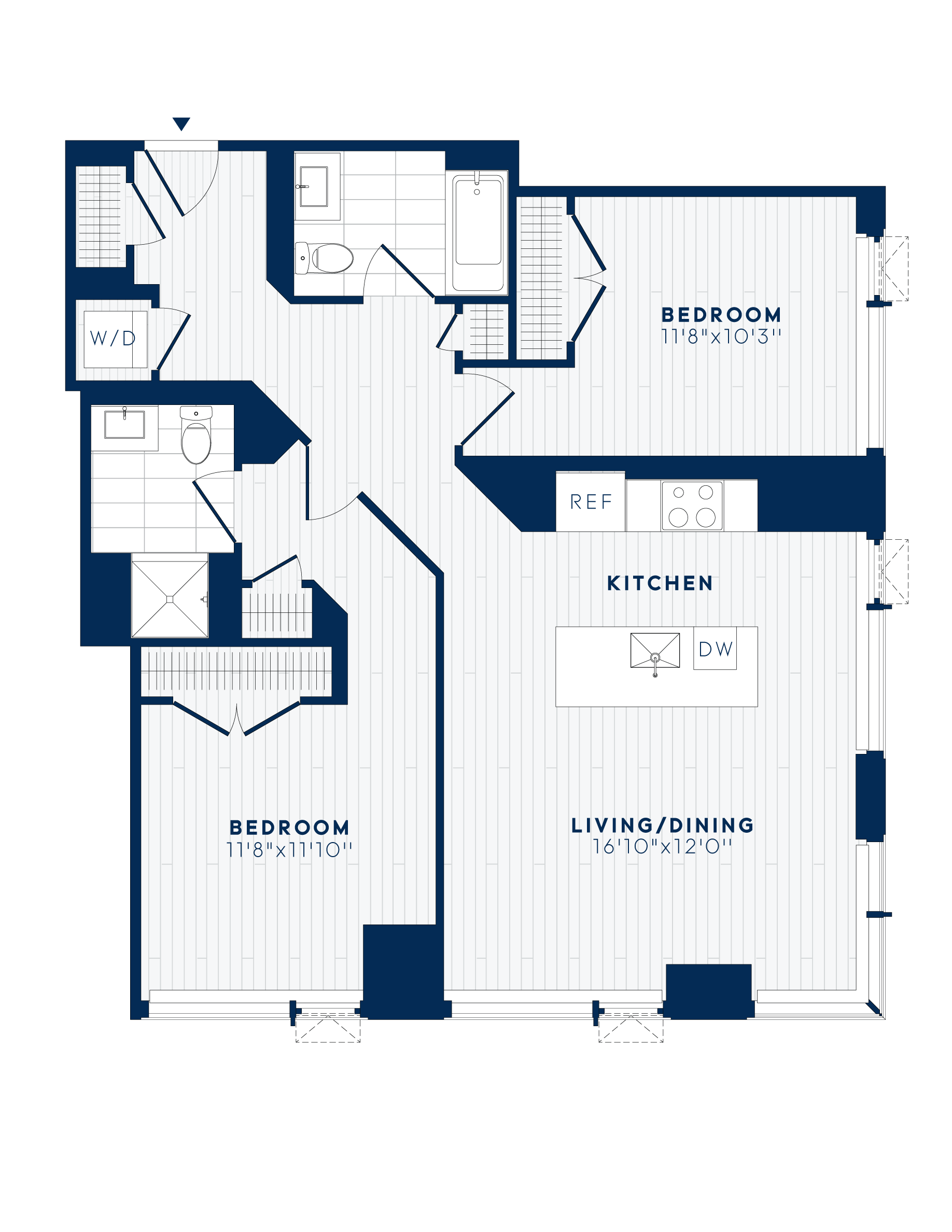 Floor plan for 2 beds, 2 baths, 1087 sqft